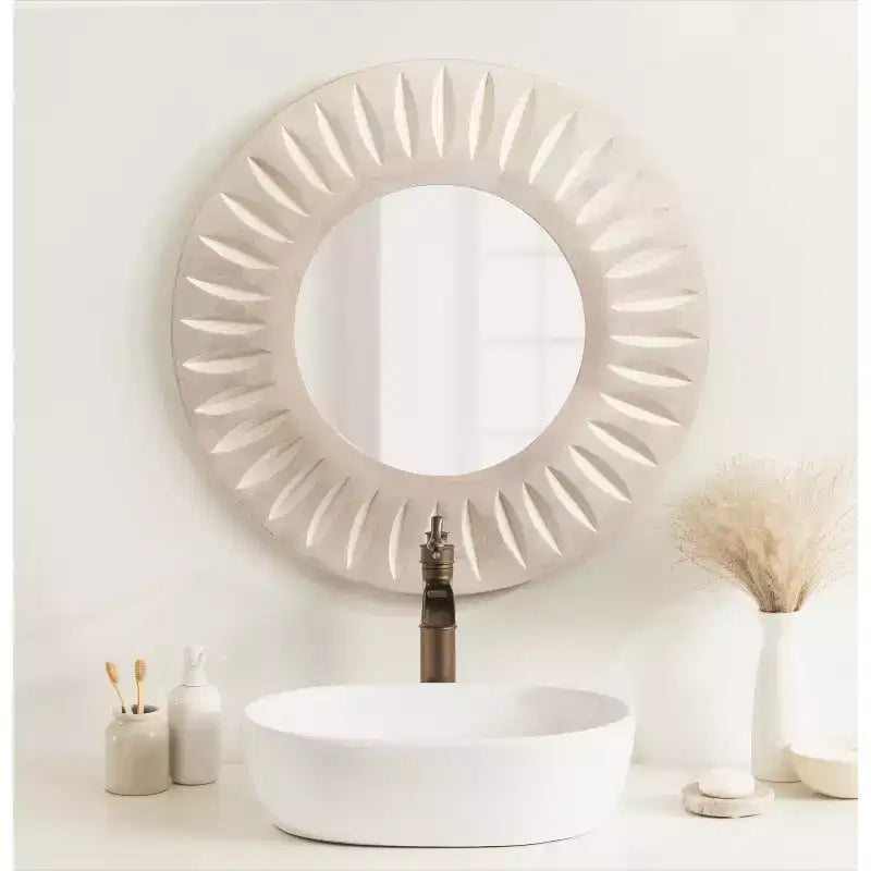 26" Round Carved Wood Wall Mirror
