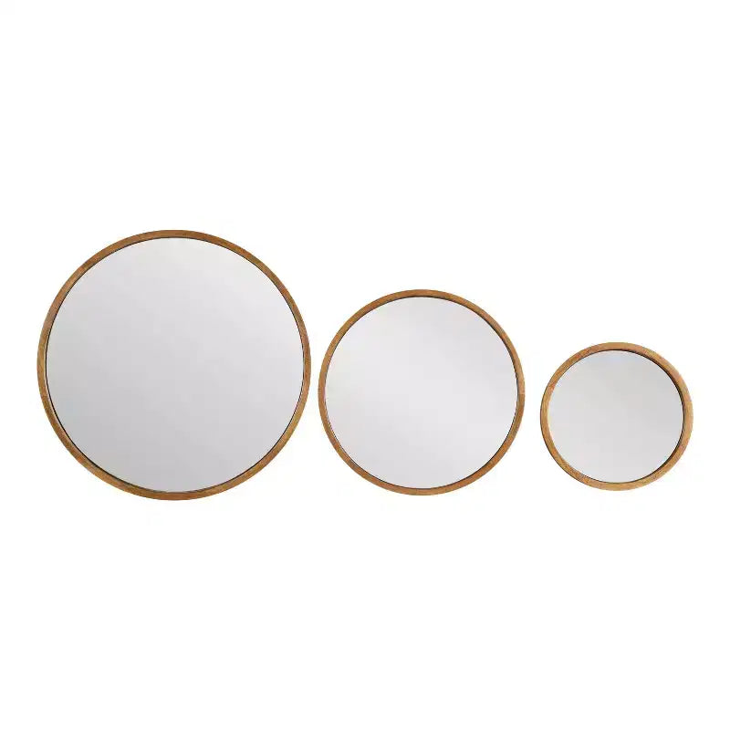 Set of 3 Round Wood Frame Wall Mirrors - Rustic Brown
