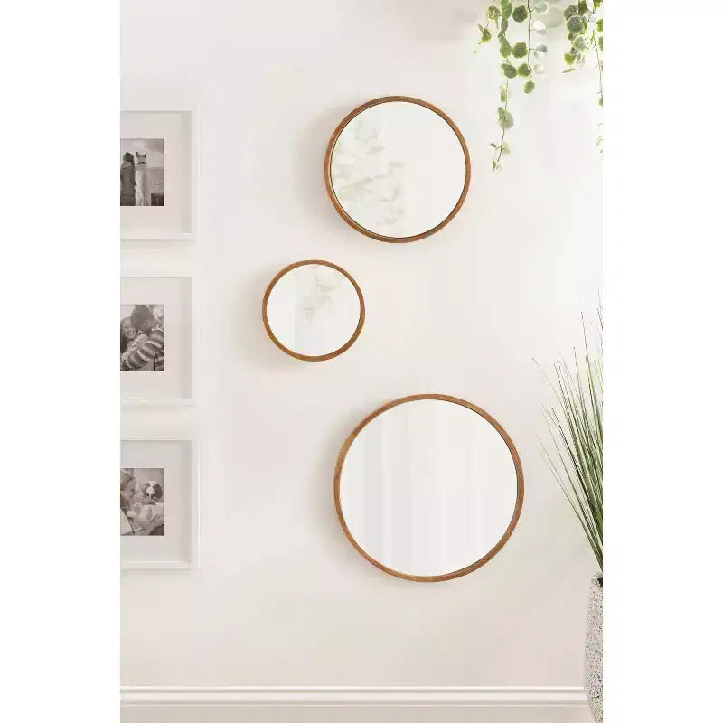 Set of 3 Round Wood Frame Wall Mirrors - Rustic Brown