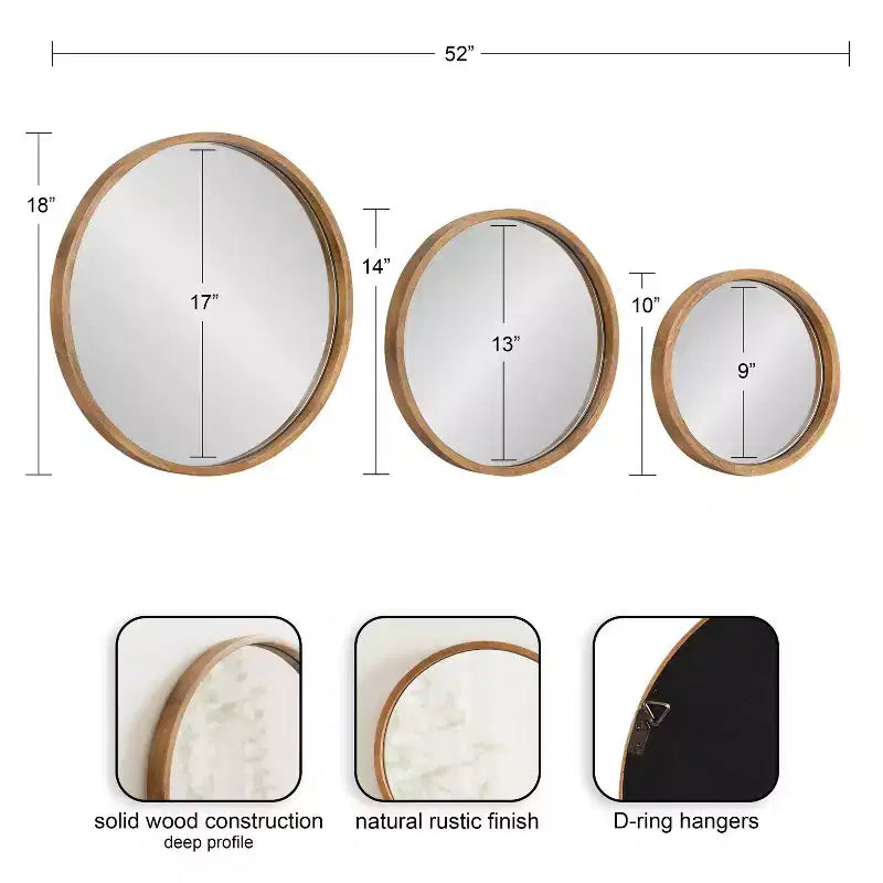 Set of 3 Round Wood Frame Wall Mirrors - Rustic Brown