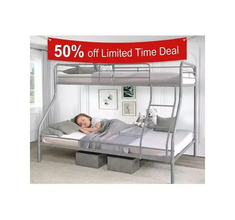 Twin Over Full Metal Bunk Bed with Guardrails, Angled Ladder and Under-Bed Storage