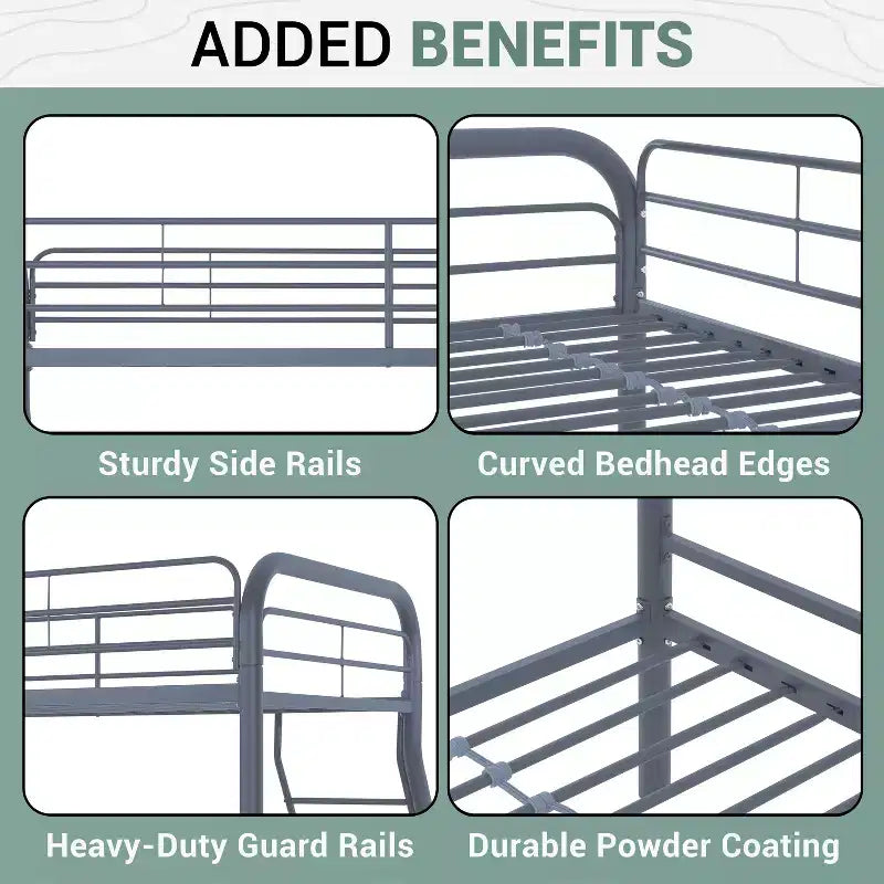 Twin Over Full Metal Bunk Bed with Guardrails, Angled Ladder and Under-Bed Storage