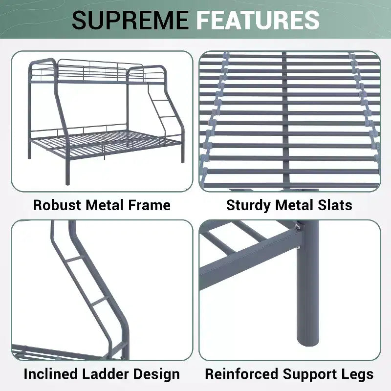Twin Over Full Metal Bunk Bed with Guardrails, Angled Ladder and Under-Bed Storage