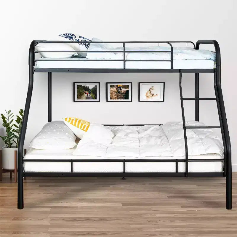 Twin Over Full Metal Bunk Bed with Guardrails, Angled Ladder and Under-Bed Storage