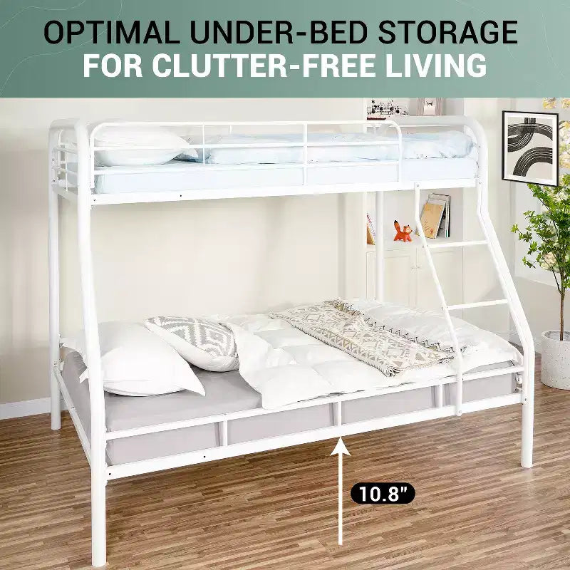 Twin Over Full Metal Bunk Bed with Guardrails, Angled Ladder and Under-Bed Storage
