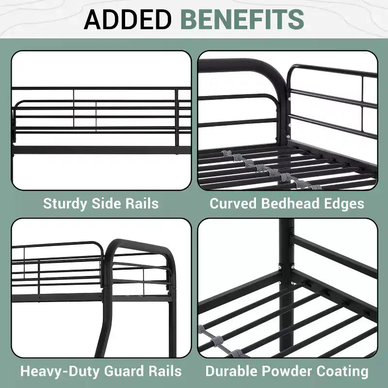 Twin Over Full Metal Bunk Bed with Guardrails, Angled Ladder and Under-Bed Storage