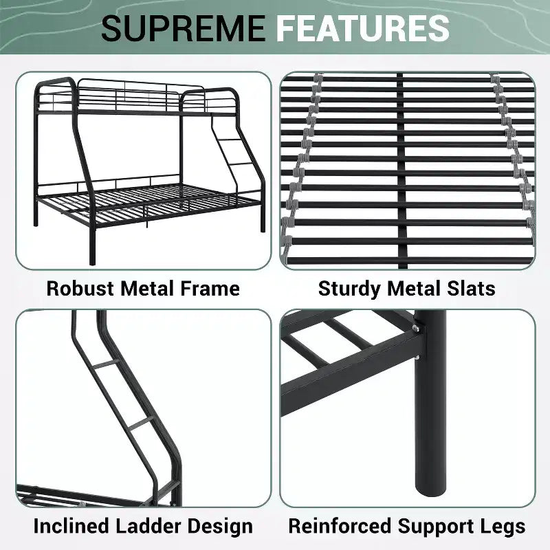 Twin Over Full Metal Bunk Bed with Guardrails, Angled Ladder and Under-Bed Storage