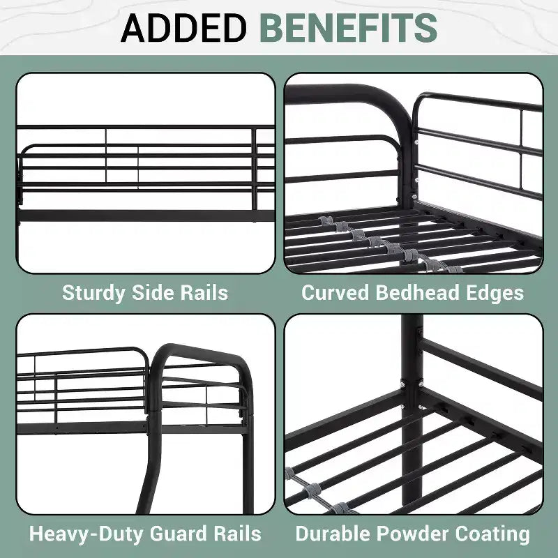 Twin Over Full Metal Bunk Bed with Guardrails, Angled Ladder and Under-Bed Storage