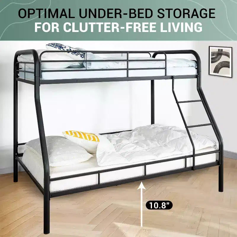 Twin Over Full Metal Bunk Bed with Guardrails, Angled Ladder and Under-Bed Storage