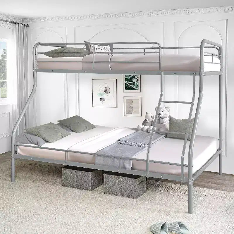 Twin Over Full Metal Bunk Bed with Guardrails, Angled Ladder and Under-Bed Storage