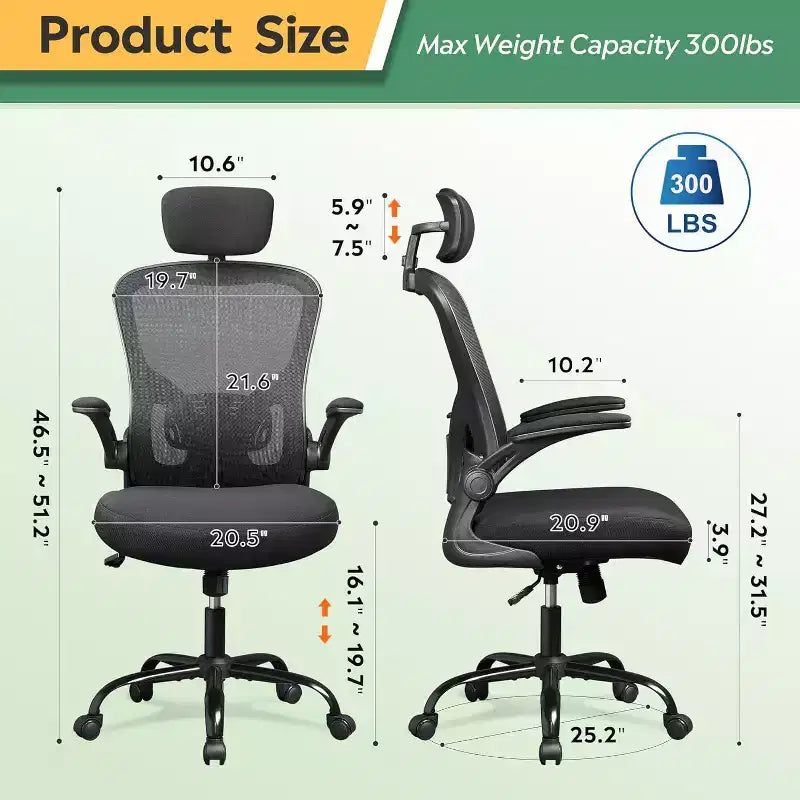 High Back Mesh Office Chair with Flip-Up Armrests, Adjustable Height, Black