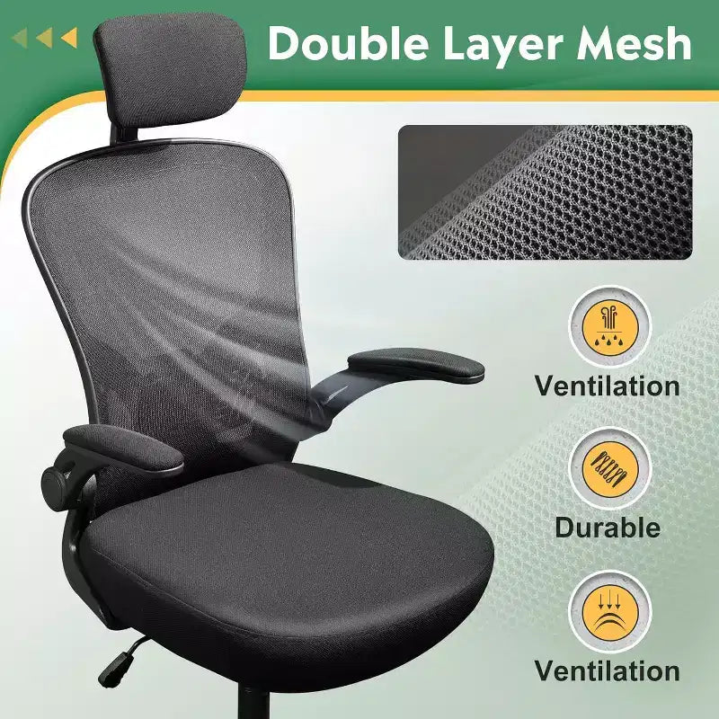 High Back Mesh Office Chair with Flip-Up Armrests, Adjustable Height, Black