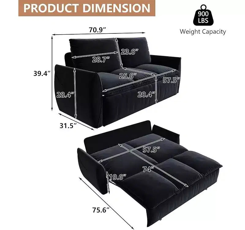 Convertible 3-Seat Velvet Sofa Bed, 70.9", Full Size