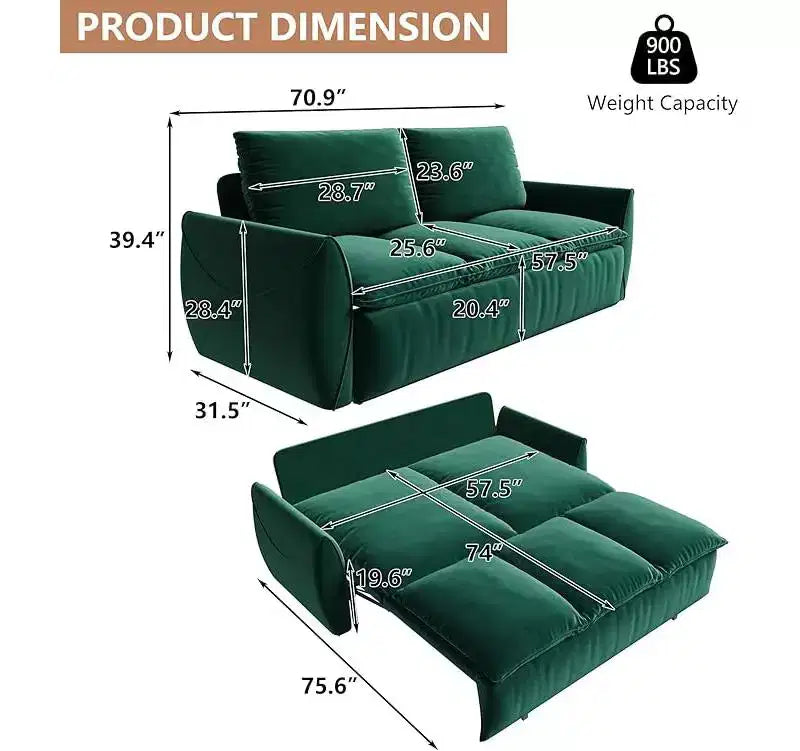 Convertible 3-Seat Velvet Sofa Bed, 70.9", Full Size