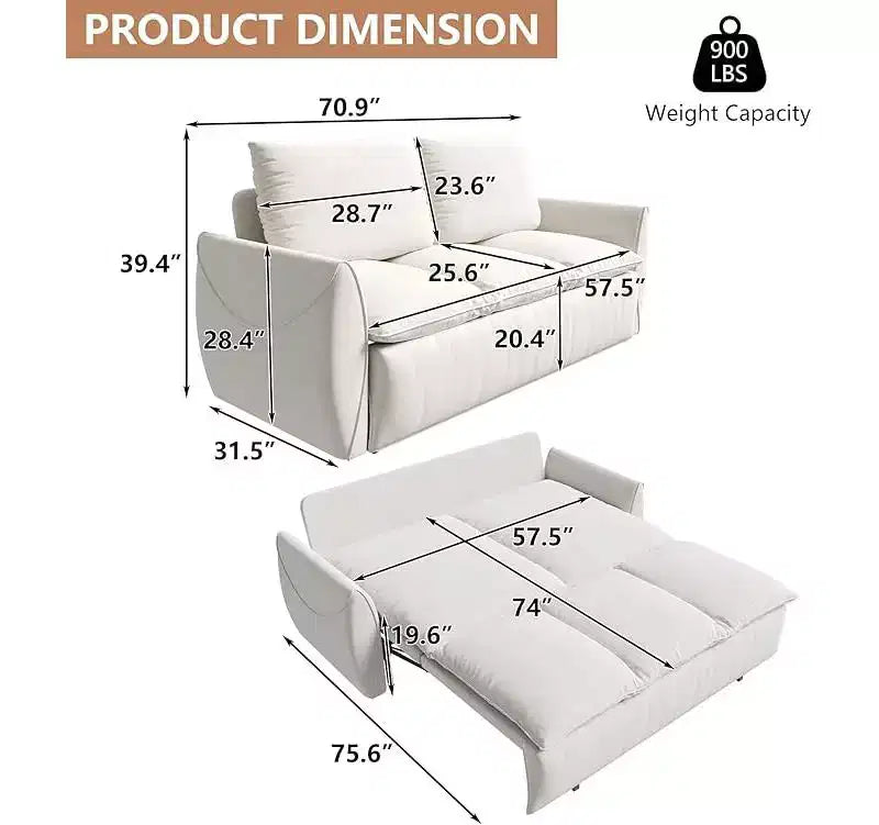 Convertible 3-Seat Velvet Sofa Bed, 70.9", Full Size