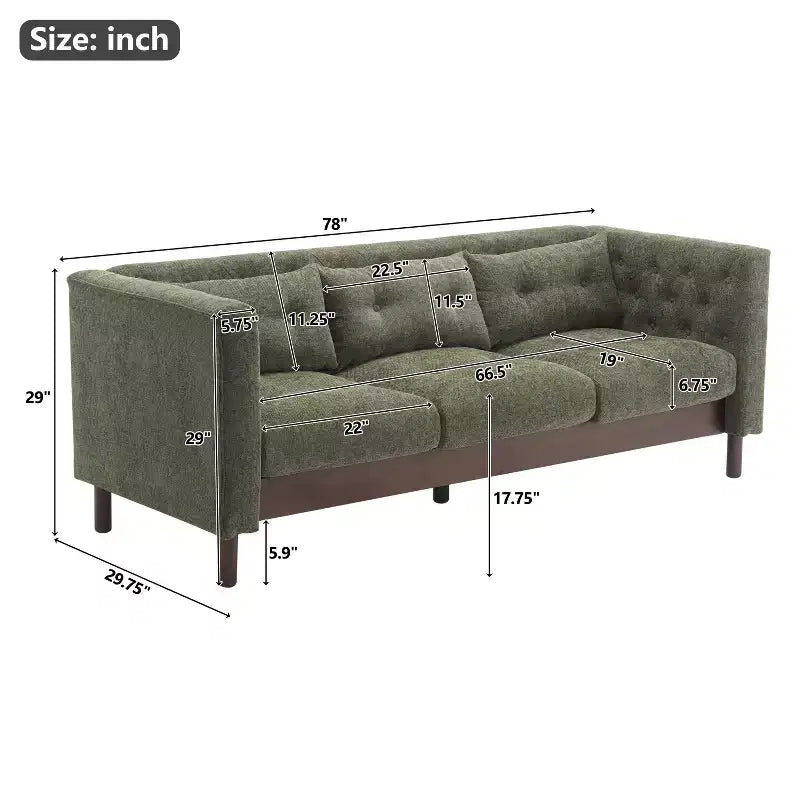 78W Modern Upholstered 3-Seat Sofa with Tufted Design for Living Room