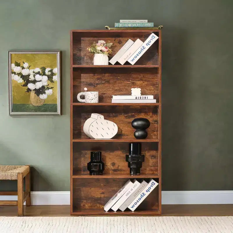 5-Tier Industrial Bookcase, 53-Inch Tall Open Bookshelf with Rustic Wood Grain Finish
