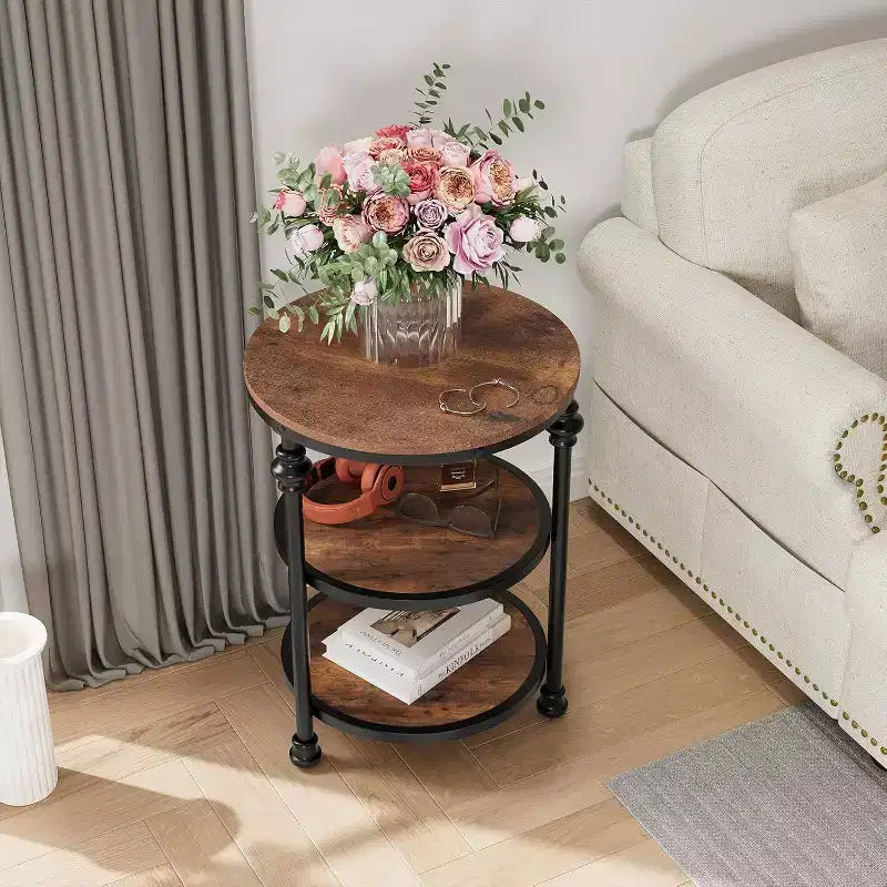 3-Tier Round End Table with Metal Frame – Bedside Table for Living Room & Bedroom