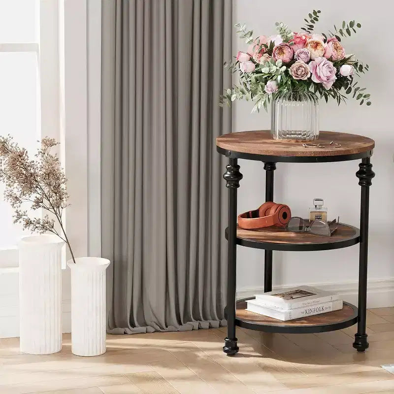 3-Tier Round End Table with Metal Frame – Bedside Table for Living Room & Bedroom