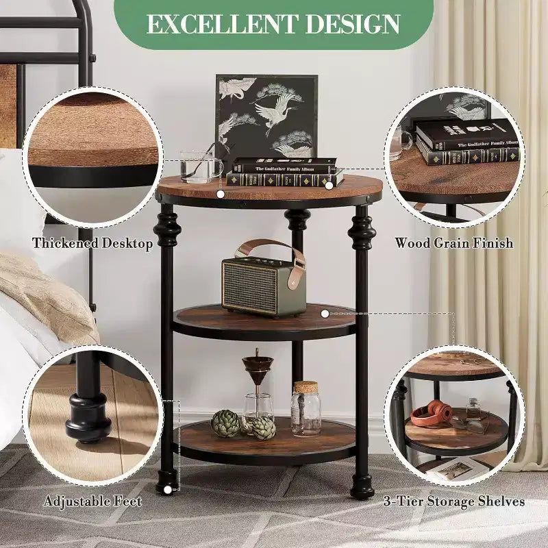 3-Tier Round End Table with Metal Frame – Bedside Table for Living Room & Bedroom
