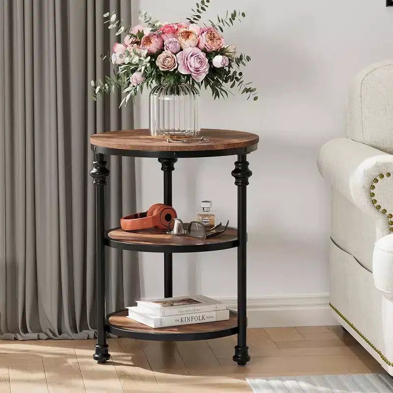 3-Tier Round End Table with Metal Frame – Bedside Table for Living Room & Bedroom