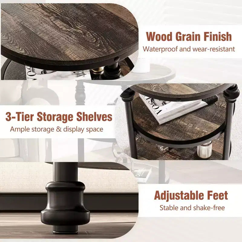 3-Tier Round End Table with Metal Frame – Bedside Table for Living Room & Bedroom