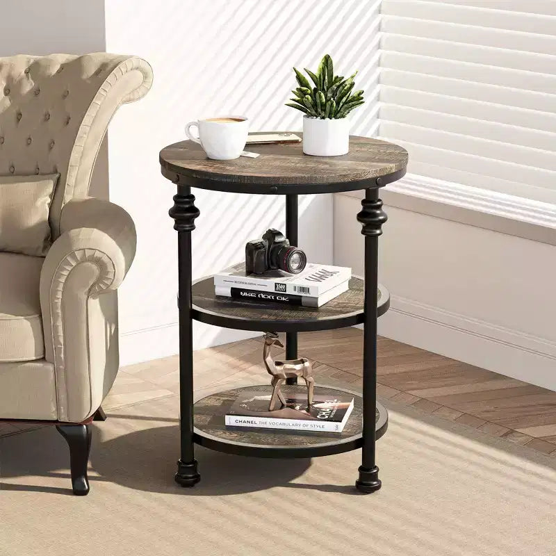 3-Tier Round End Table with Metal Frame – Bedside Table for Living Room & Bedroom