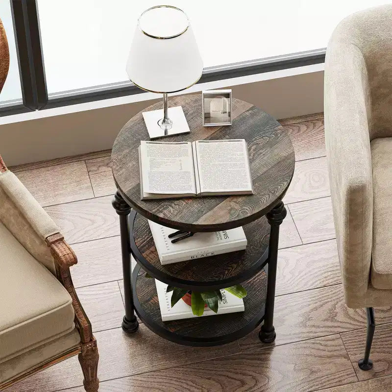 3-Tier Round End Table with Metal Frame – Bedside Table for Living Room & Bedroom