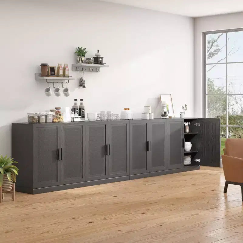 Wood Grain Buffet Cabinet with Rattan Doors and Adjustable Shelves