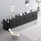 Wood Grain Buffet Cabinet with Rattan Doors and Adjustable Shelves