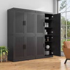 Wood Grain Buffet Cabinet with Rattan Doors and Adjustable Shelves