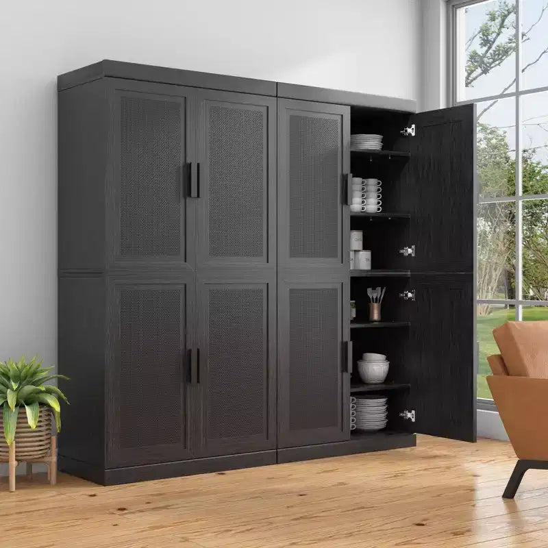 Wood Grain Buffet Cabinet with Rattan Doors and Adjustable Shelves