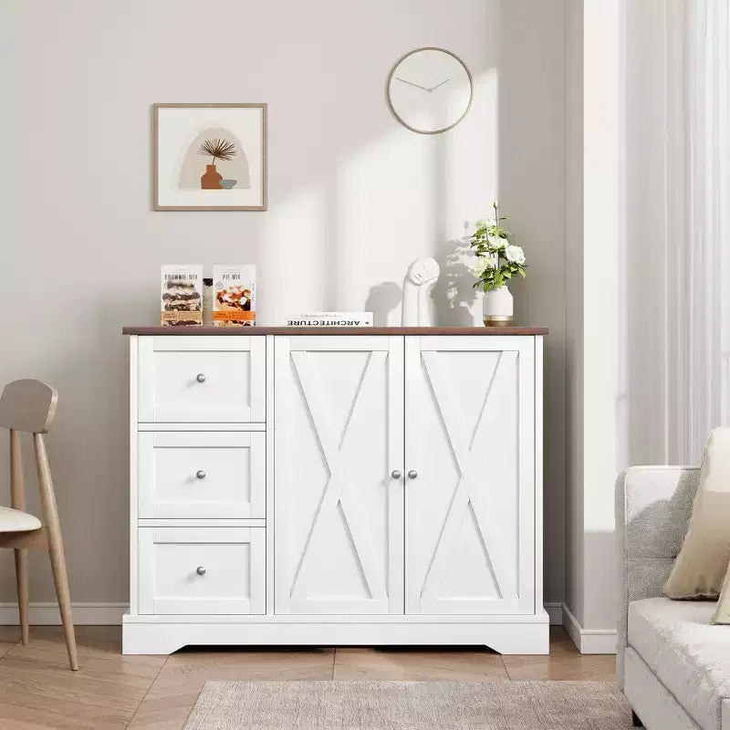 42-Inch Buffet Cabinet with 3 Drawers, Enclosed Cabinet and Open Shelf – White