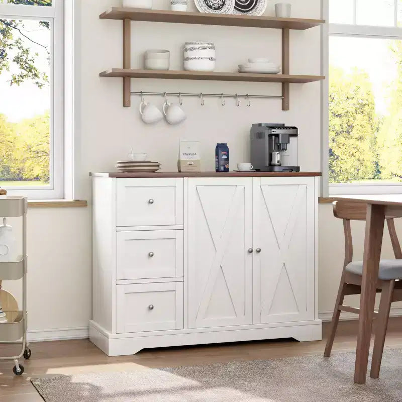 42-Inch Buffet Cabinet with 3 Drawers, Enclosed Cabinet and Open Shelf – White