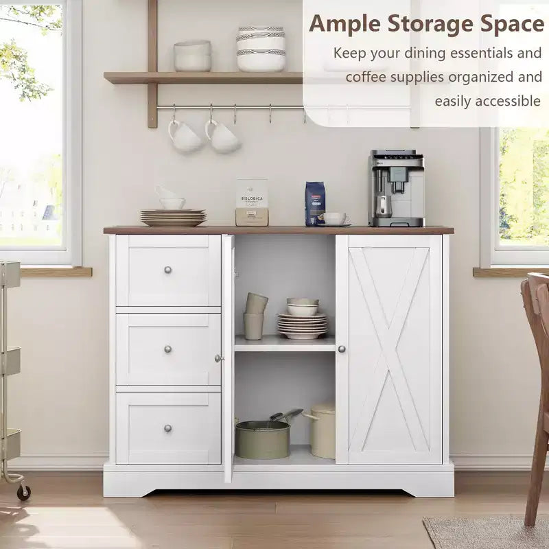 42-Inch Buffet Cabinet with 3 Drawers, Enclosed Cabinet and Open Shelf – White