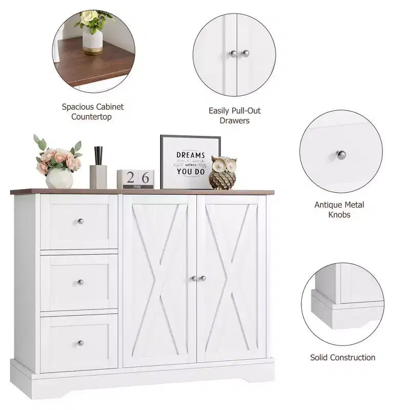 42-Inch Buffet Cabinet with 3 Drawers, Enclosed Cabinet and Open Shelf – White