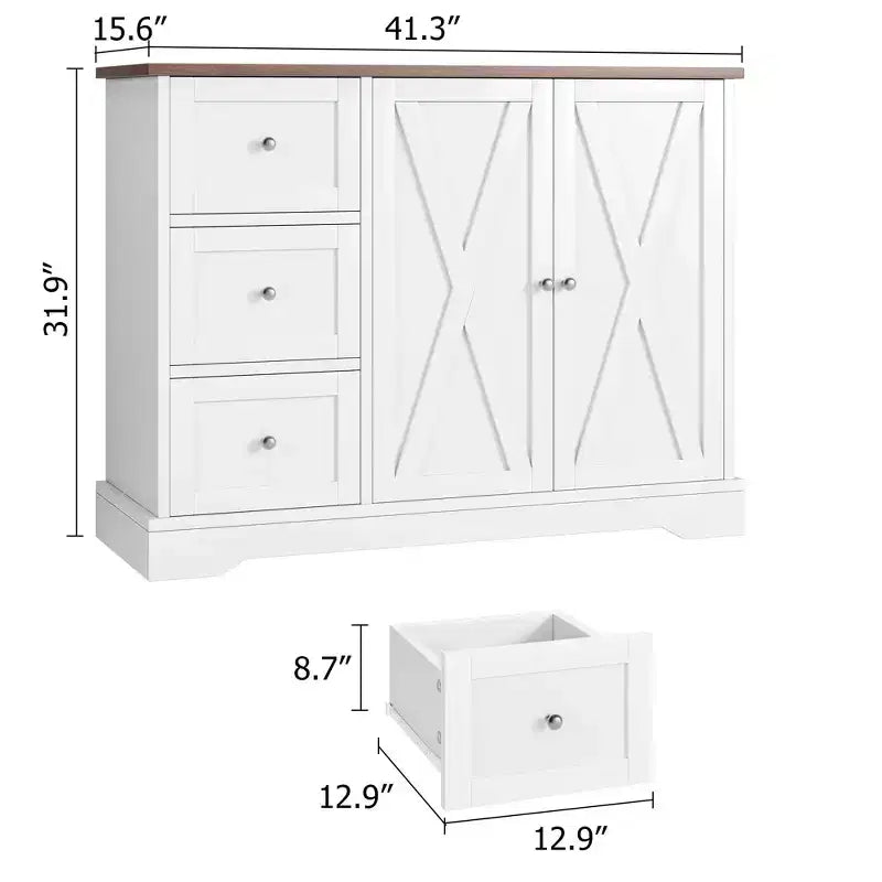42-Inch Buffet Cabinet with 3 Drawers, Enclosed Cabinet and Open Shelf – White