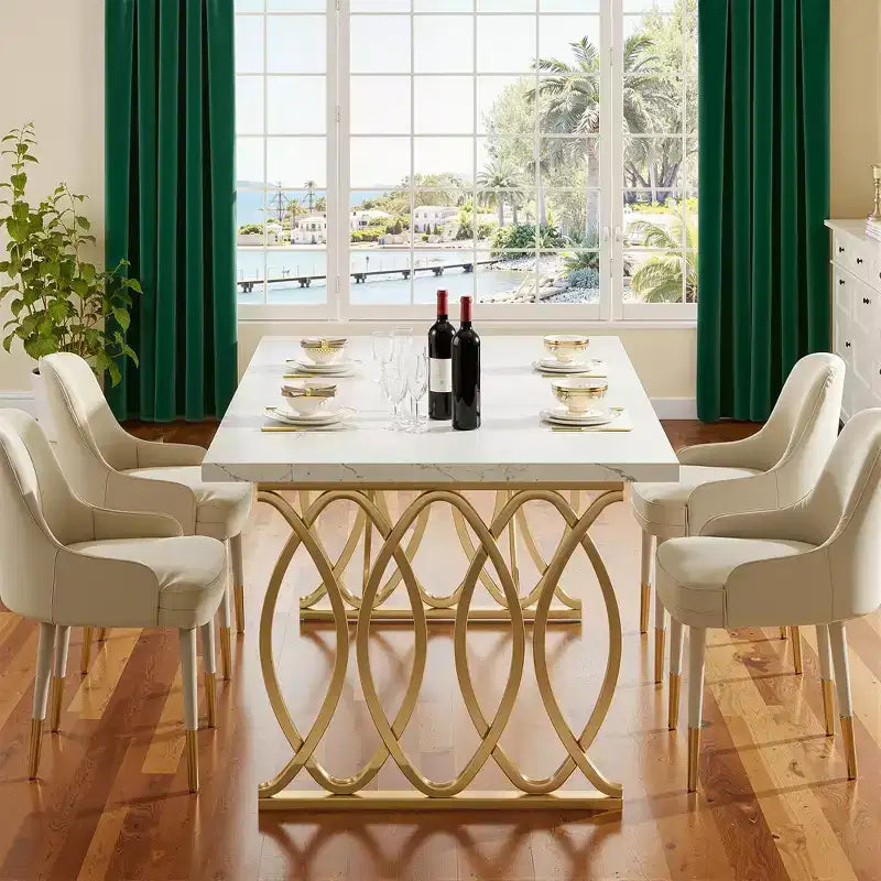 63 Inch Rectangular Dining Table, Seats 4 to 6, White Faux Marble Top, Gold Steel Frame