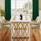 63 Inch Rectangular Dining Table, Seats 4 to 6, White Faux Marble Top, Gold Steel Frame