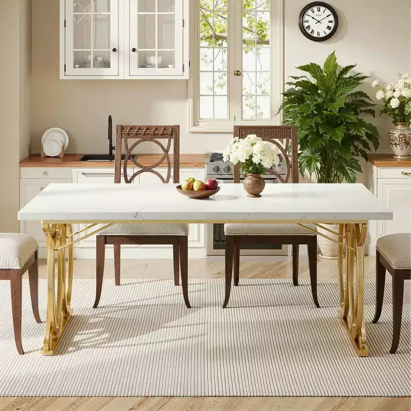 63 Inch Rectangular Dining Table, Seats 4 to 6, White Faux Marble Top, Gold Steel Frame