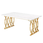 63 Inch Rectangular Dining Table, Seats 4 to 6, White Faux Marble Top, Gold Steel Frame