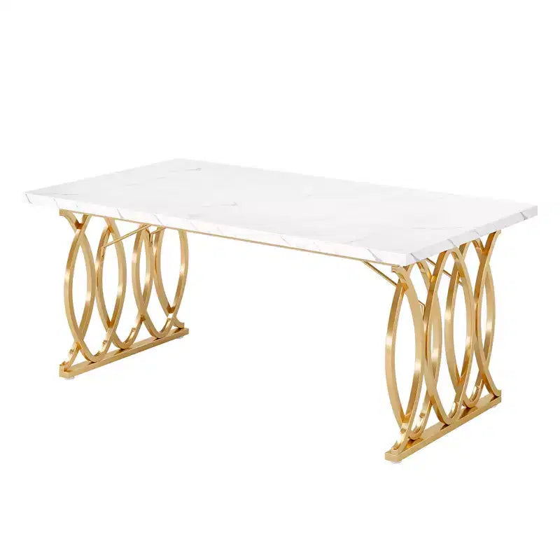 63 Inch Rectangular Dining Table, Seats 4 to 6, White Faux Marble Top, Gold Steel Frame
