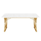 63 Inch Rectangular Dining Table, Seats 4 to 6, White Faux Marble Top, Gold Steel Frame