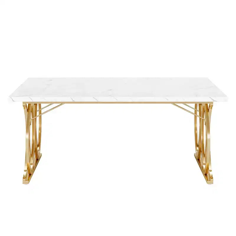 63 Inch Rectangular Dining Table, Seats 4 to 6, White Faux Marble Top, Gold Steel Frame