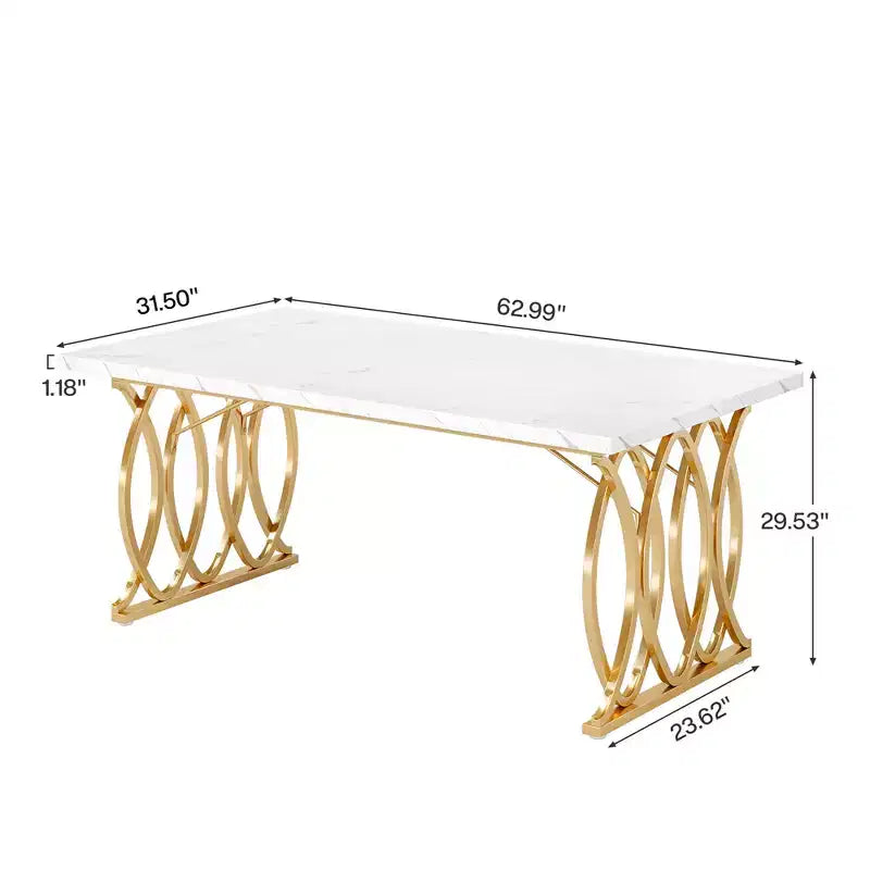 63 Inch Rectangular Dining Table, Seats 4 to 6, White Faux Marble Top, Gold Steel Frame
