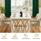 63 Inch Rectangular Dining Table, Seats 4 to 6, White Faux Marble Top, Gold Steel Frame