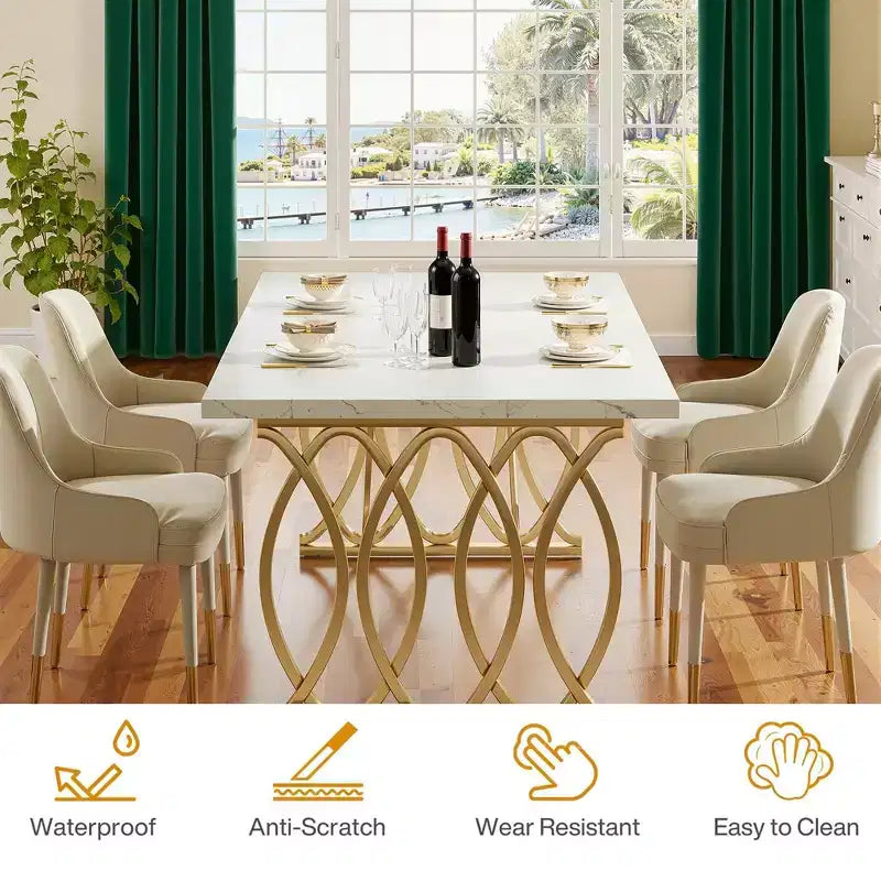 63 Inch Rectangular Dining Table, Seats 4 to 6, White Faux Marble Top, Gold Steel Frame