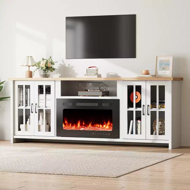78" takan edessä oleva TV-taso LED-valoilla ja säädettävillä hyllyillä