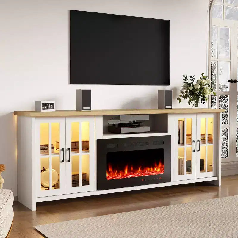 78" takan edessä oleva TV-taso LED-valoilla ja säädettävillä hyllyillä