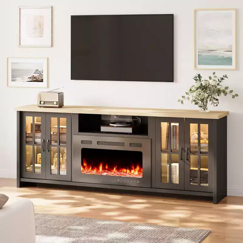 78" takan edessä oleva TV-taso LED-valoilla ja säädettävillä hyllyillä